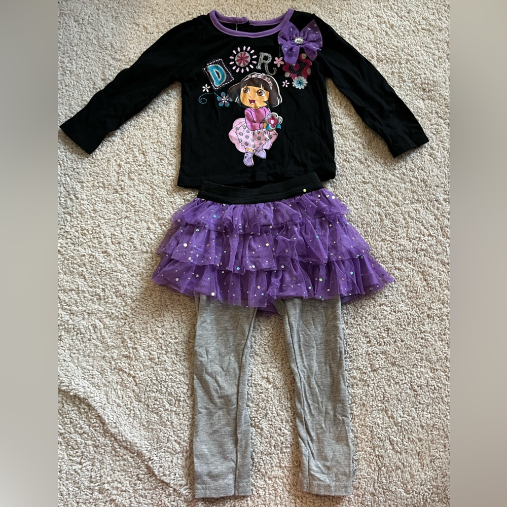 Dora the Explorer Toddler Girls 2 Piece Purple Tutu Leggings Set Size 3T